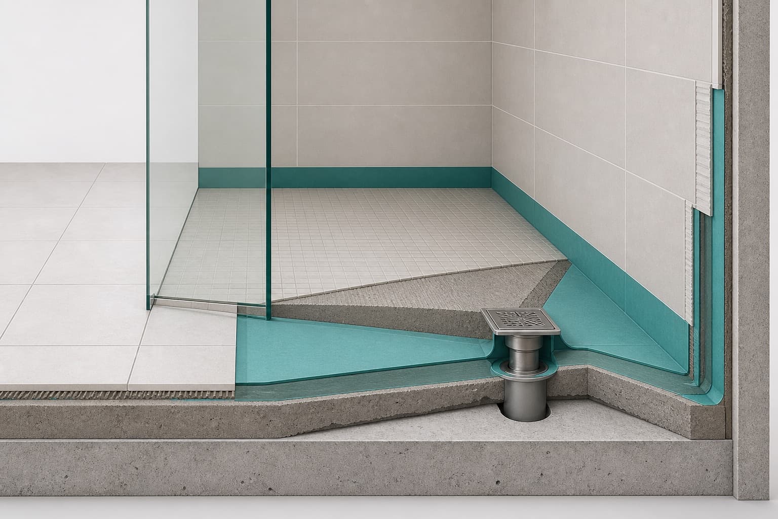 Curbless shower construction cutaway showing a flush transition, recessed sloped floor, waterproofing membrane, and drain connection