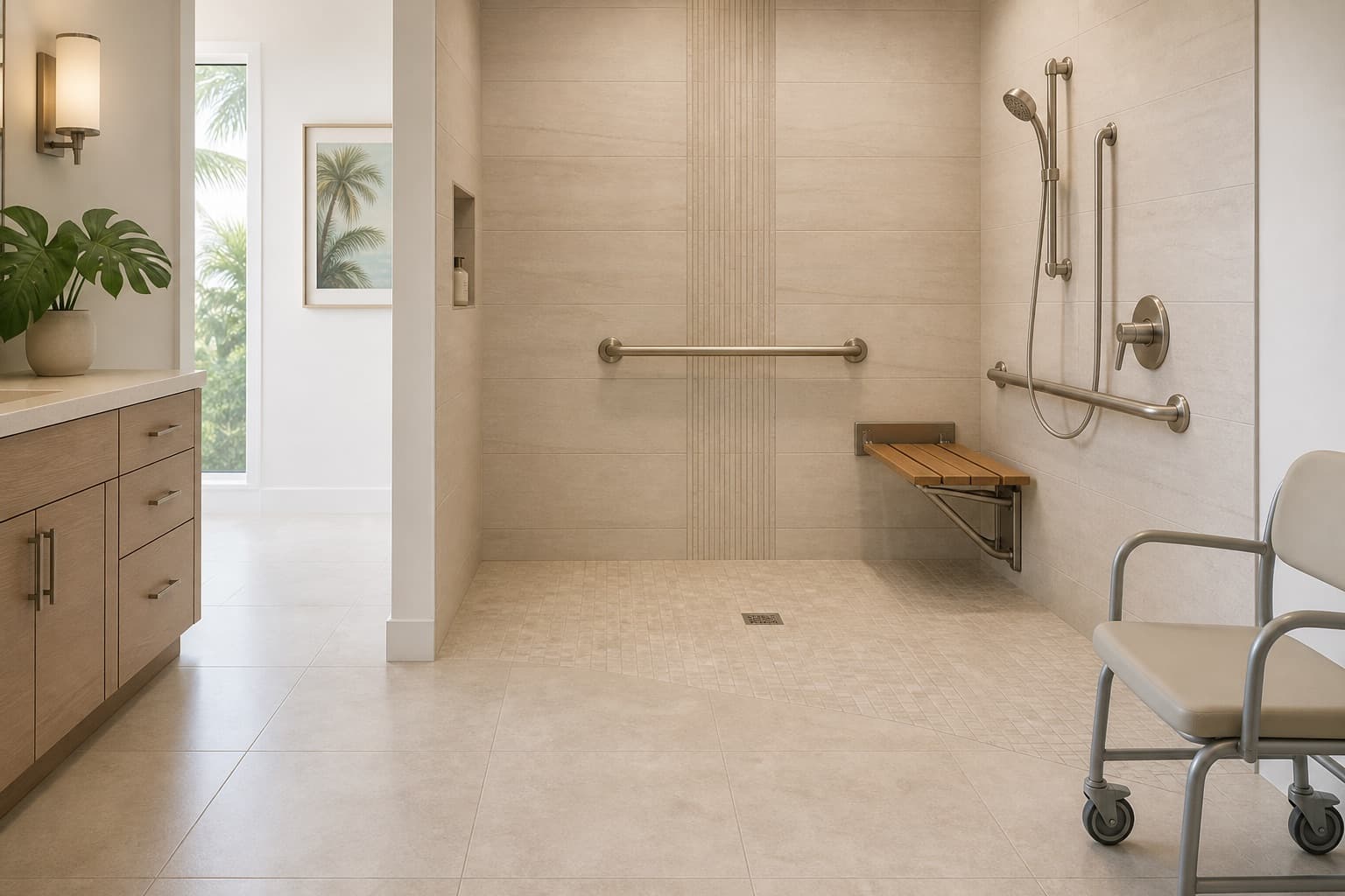 Residential accessible shower with a curbless entry, grab bars, folding seat, and rolling shower chair approach space