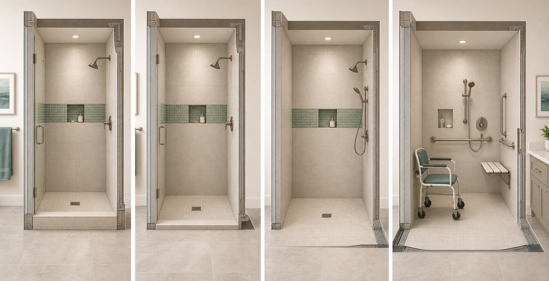Four-panel architectural comparison of a conventional curbed shower, low-threshold shower, curbless shower, and wheelchair-designed roll-in shower