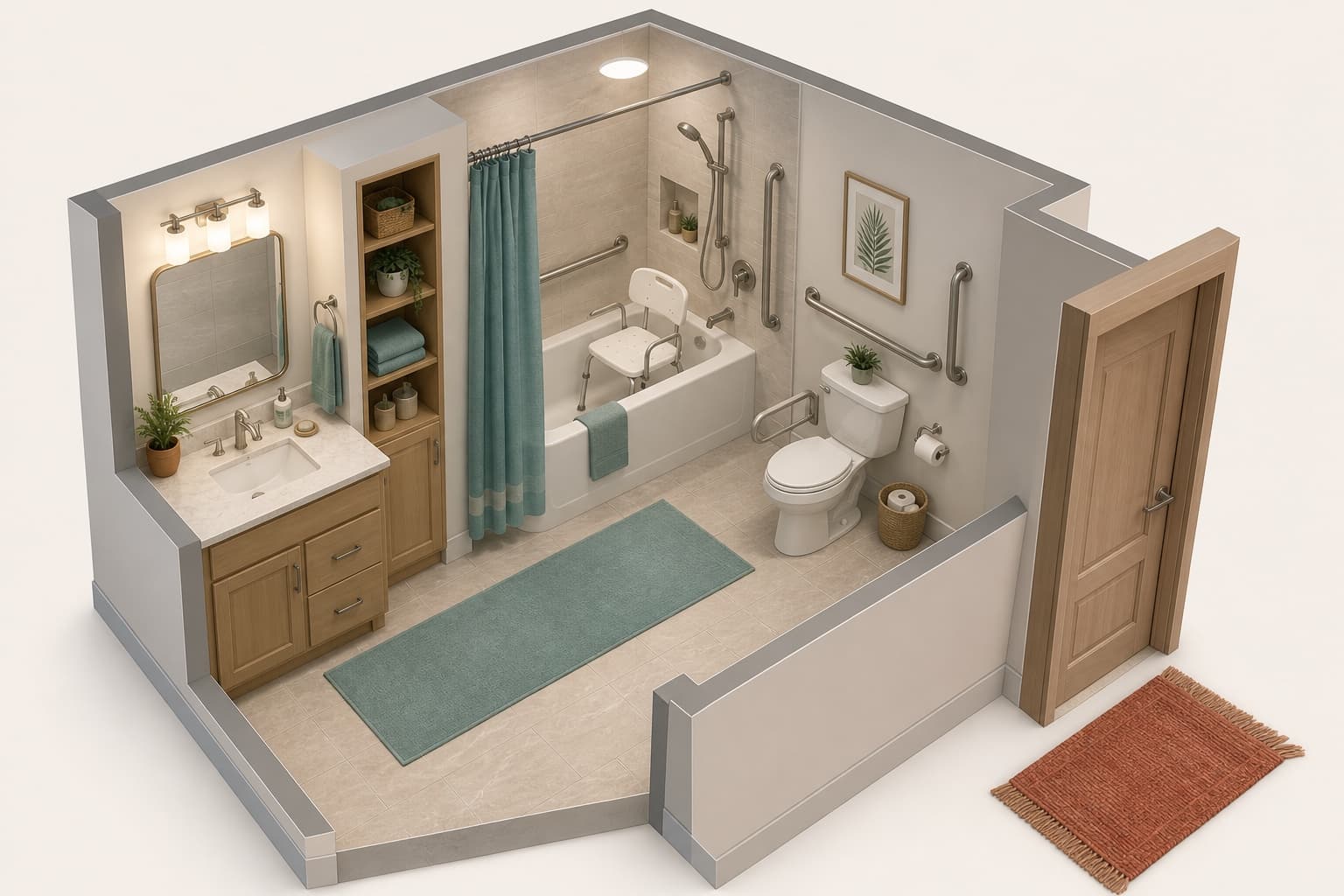 Isometric bathroom safety assessment showing bathing entry, support, seating, toilet area, lighting, storage, floor route, and doorway clearance