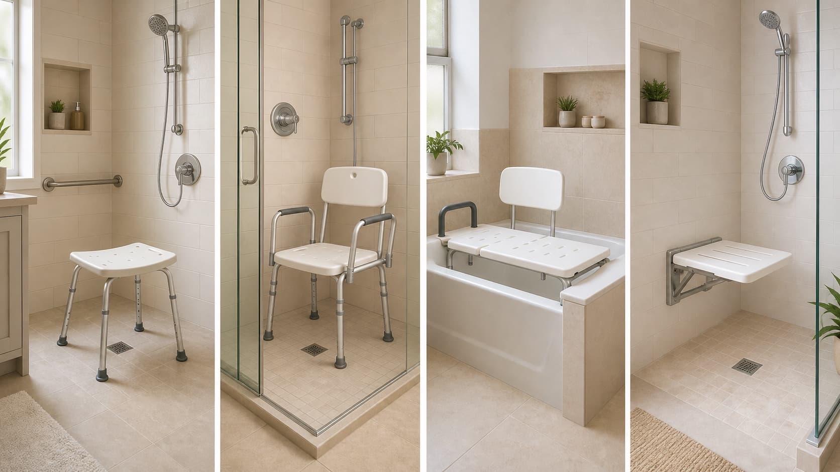 Four-panel comparison of a freestanding shower stool, shower chair with arms, tub transfer bench, and wall-mounted folding shower seat