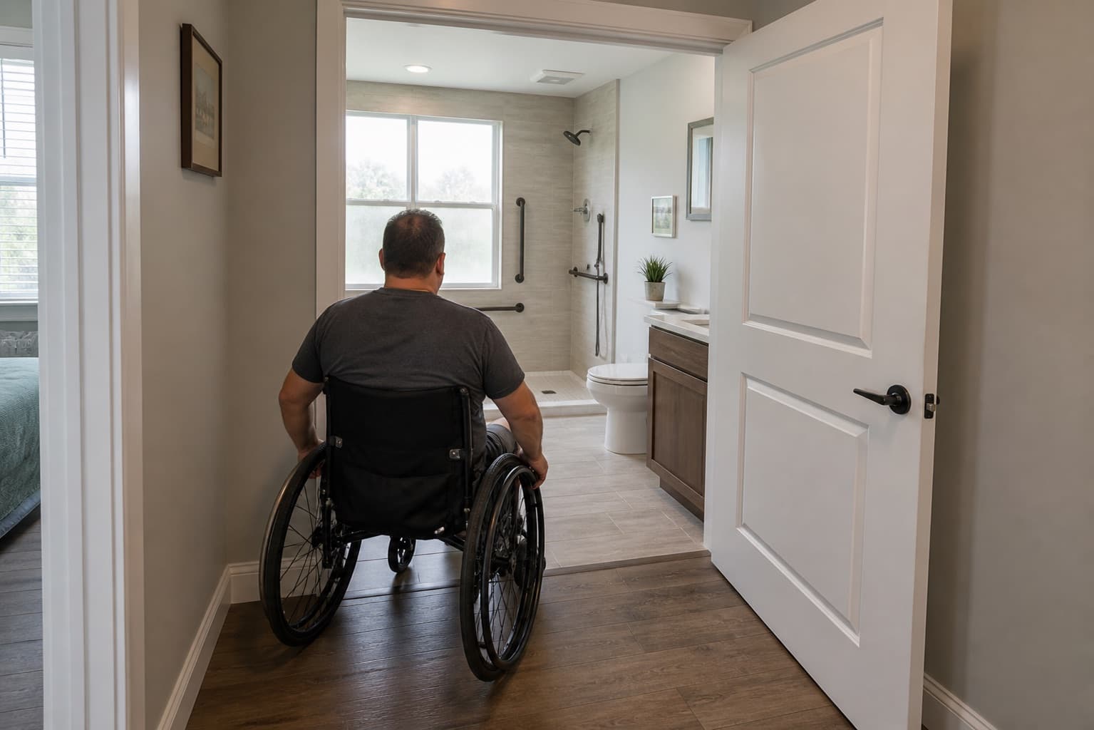 Wheelchair user approaching an accessible bathroom doorway in a residential building