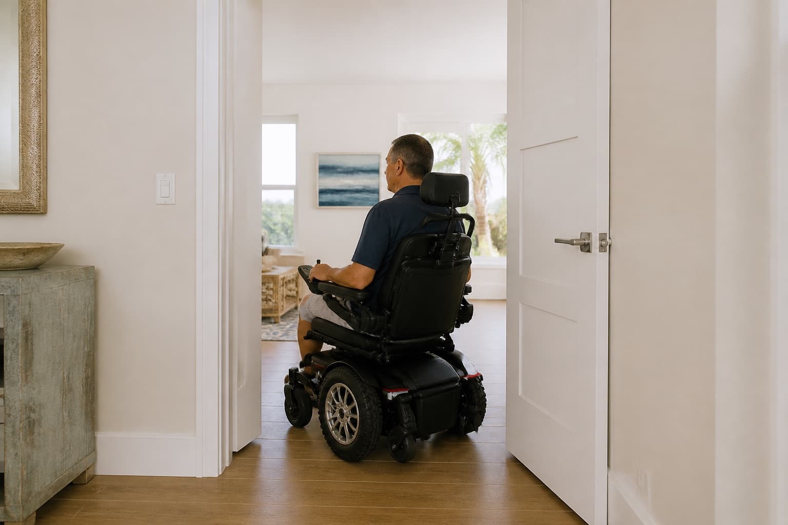 Power wheelchair user moving through a wide interior doorway in a South Florida home