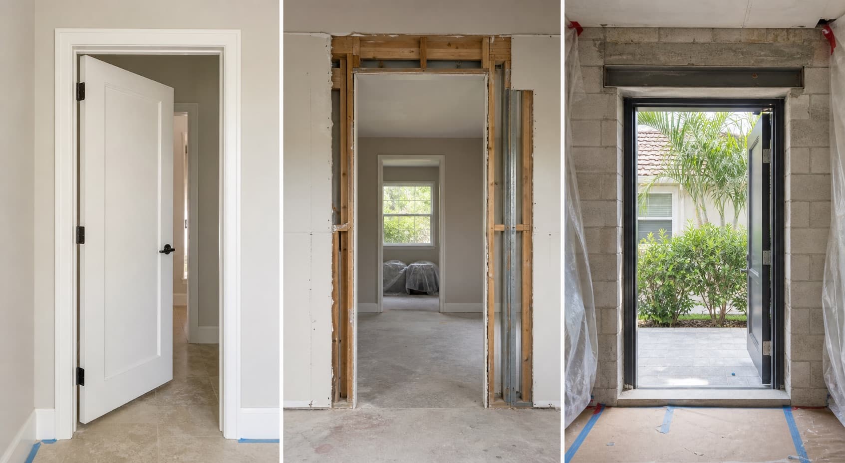 Comparison of a finished doorway, framed-wall widening, and concrete-block exterior doorway work