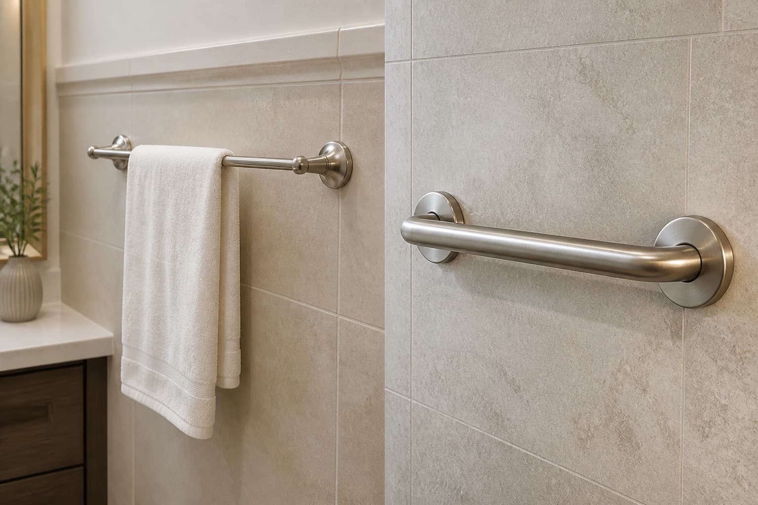 Ordinary towel bar beside a structurally mounted grab bar with larger mounting flanges