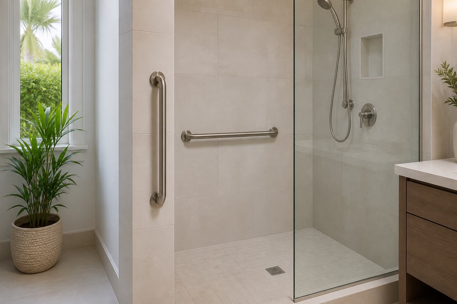 Walk-in shower with a vertical entrance grab bar and horizontal interior grab bar