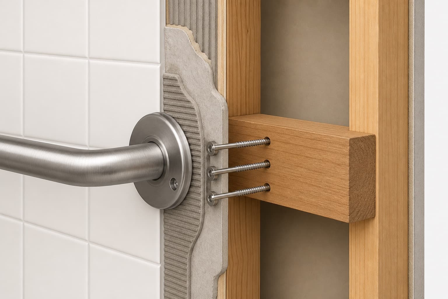 Cutaway showing a grab bar mounted through tile and backer board into solid wood blocking