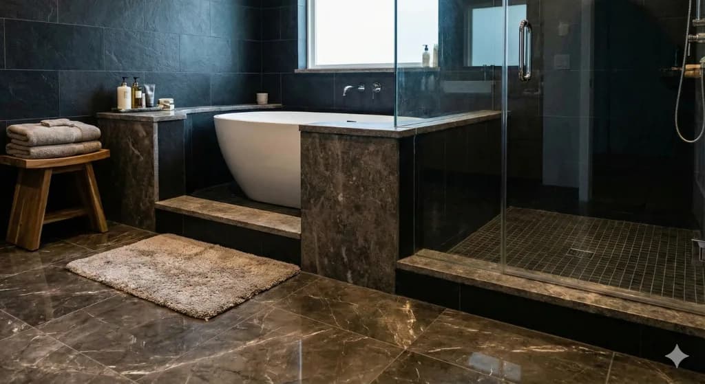 Example bathroom with a high tub threshold