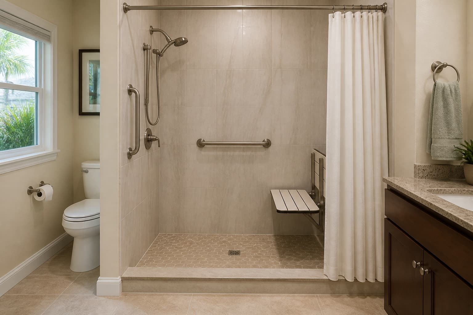 Low-threshold tub-to-shower conversion with grab bars, shower seat, and handheld shower