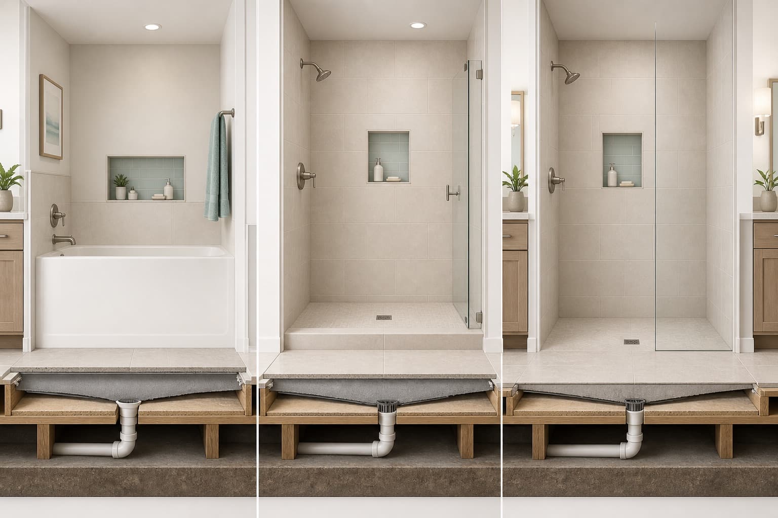 Architectural cutaway comparing a bathtub wall, a low shower threshold, and a level zero-entry shower