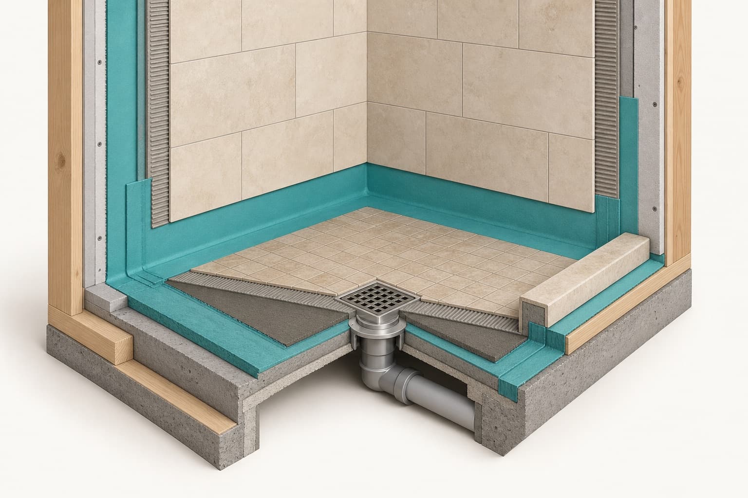 Cutaway of a tiled shower showing waterproofing membrane behind tile and sloped continuously to the drain