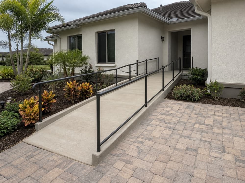 Permanent concrete wheelchair ramp integrated with a landscaped home entrance