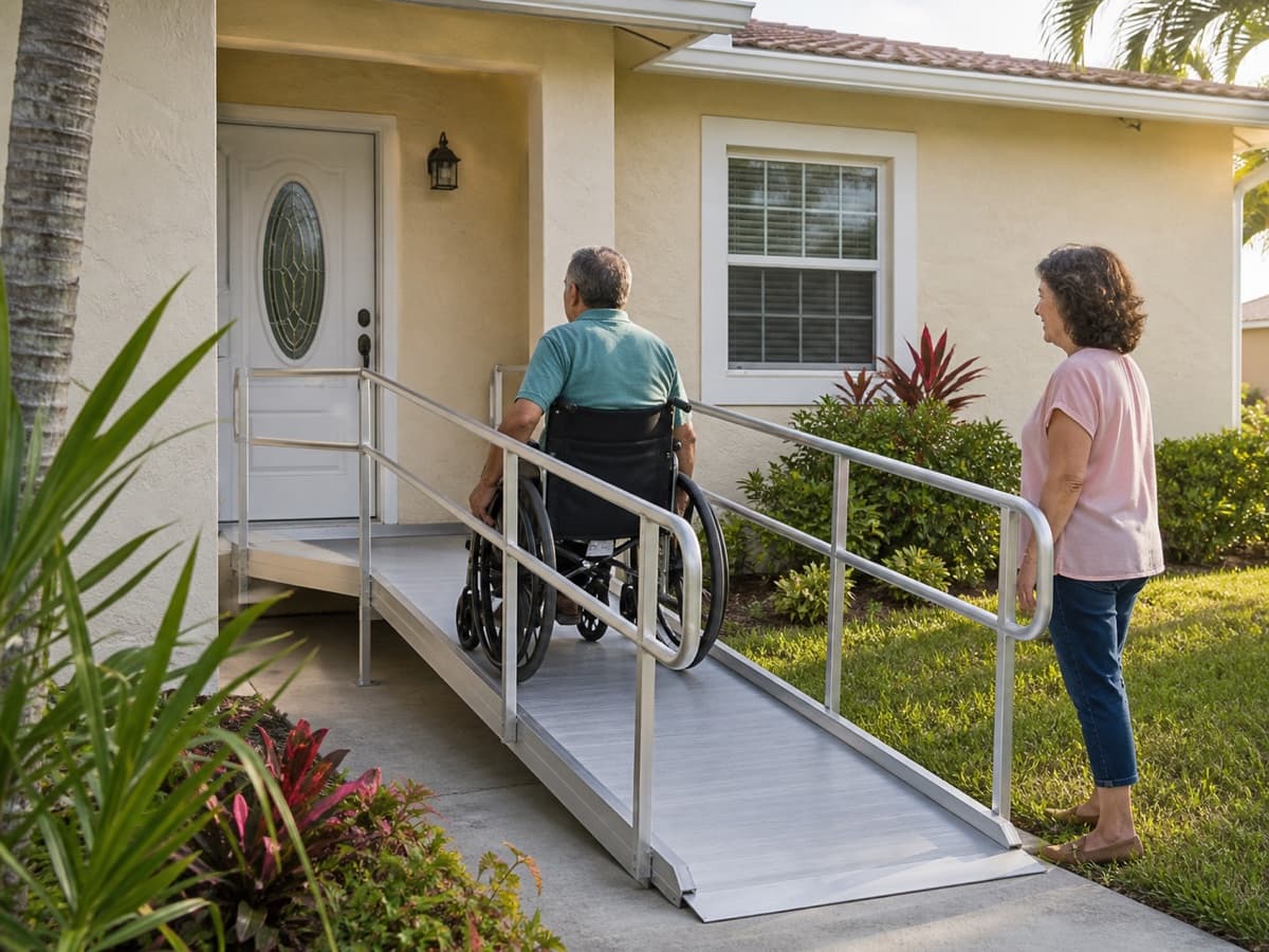 Older wheelchair user entering a South Florida home on a residential aluminum ramp