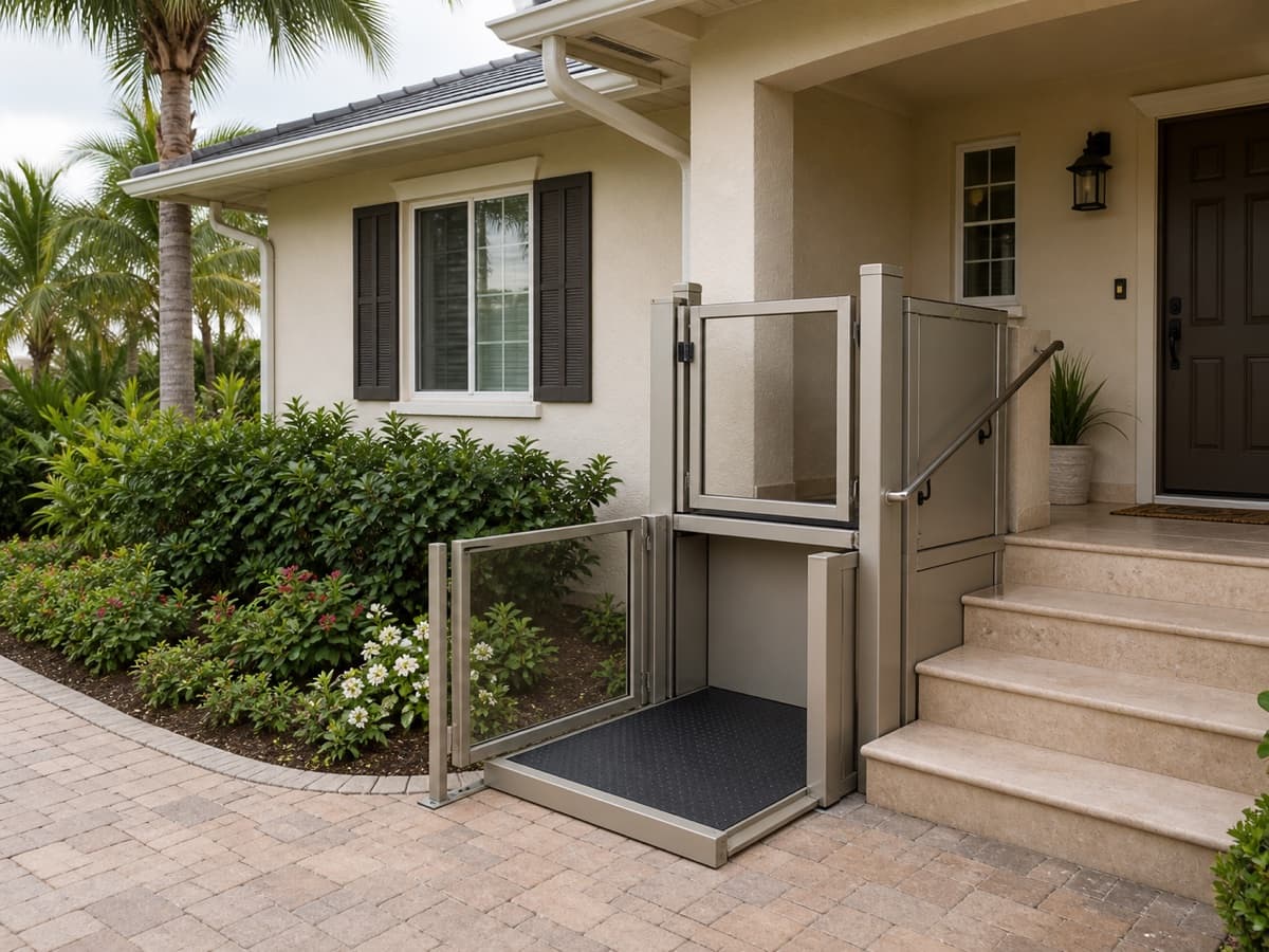 Residential vertical platform wheelchair lift beside porch steps at a South Florida home
