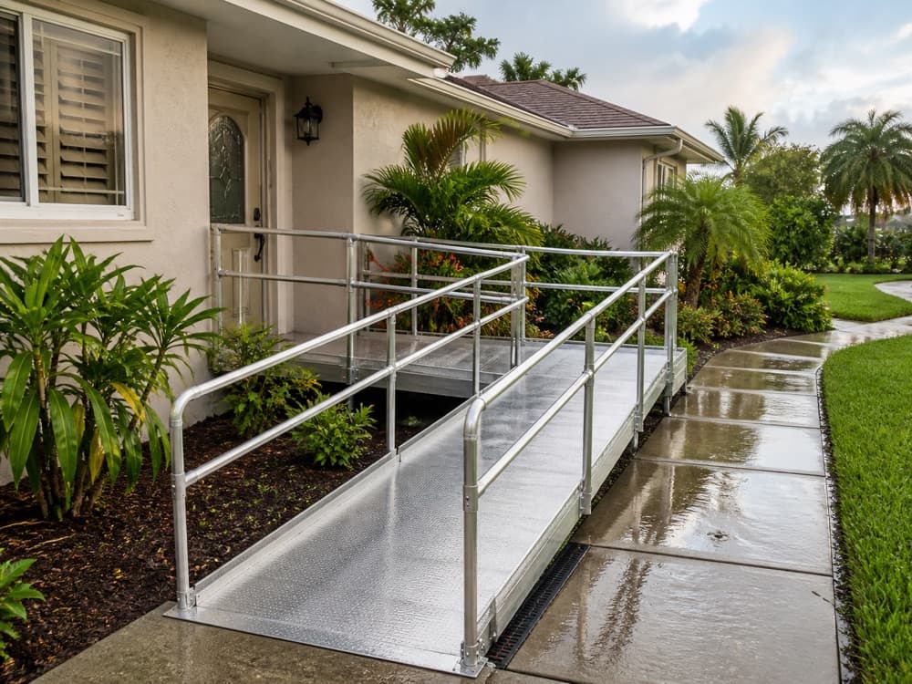 Residential aluminum wheelchair ramp after rain with a clear drainage path beside the walkway